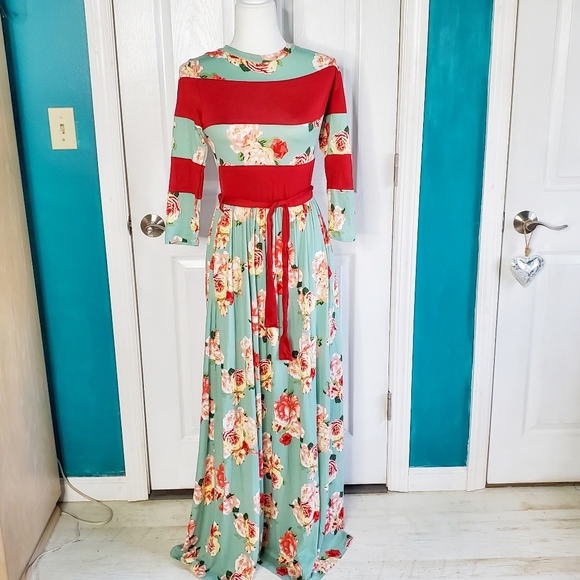 Reb & J Maxi Dress Vintage Floral Aqua  Green Red Elastic Waist NWOT Medium - Picture 14 of 16